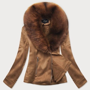 Zamszowa damska ramoneska z futerkiem karmelowa 2 (6502big)