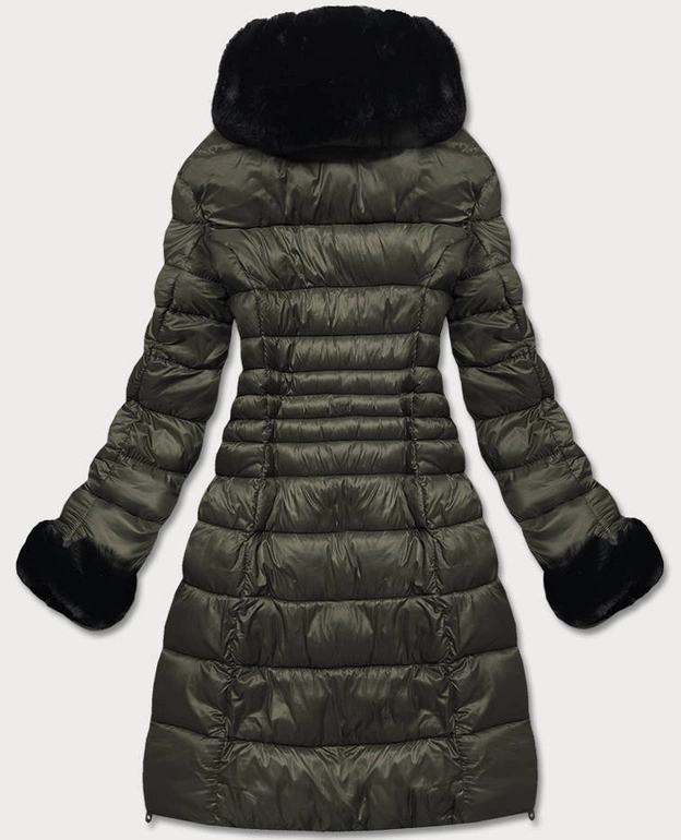 Dłuższa damska pikowana kurtka zimowa khaki (j19-017)