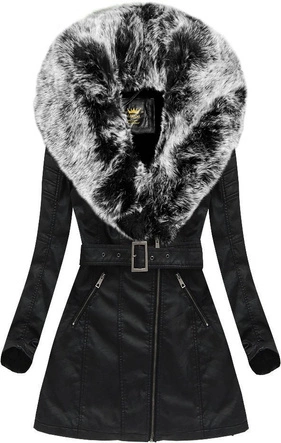 Płaszcz ze skóry ekologicznej z futrzanym kołnierzem Libland czarny-szary (LD-5518)