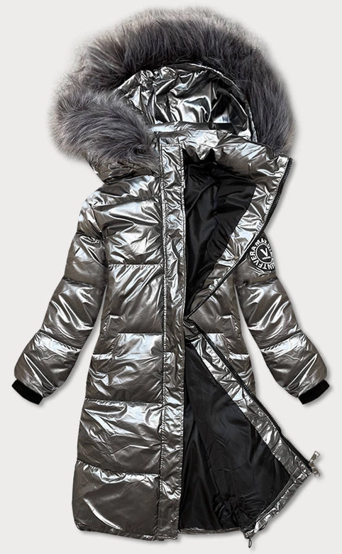DŁUGA METALICZNA KURTKA DAMSKA ZIMOWA SZARA (1917-1)