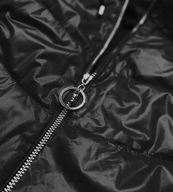 Krótka kurtka damska z kolorowym kapturem czarno/zielona (bh2005)