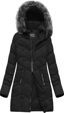DŁUŻSZA PIKOWANA DAMSKA KURTKA ZIMOWA Z KAPTUREM CZARNA (B2643)