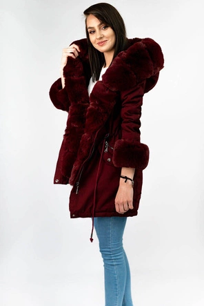 Bawełniana damska parka zimowa z futrem bordowa (xw801-3x)