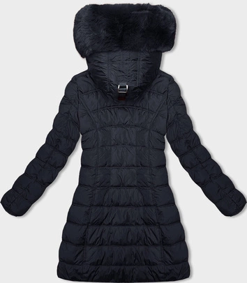 Zimowa kurtka damska z kapturem granatowa (2M-21013)