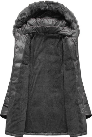 PIKOWANA DAMSKA KURTKA ZIMOWA Z KAPTUREM CIEMNOSZARA (B2617-30)