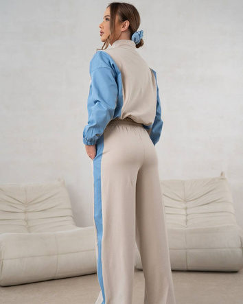 Komplet dresowy bluza na zamek + spodnie wide leg beżowo-niebieski (821151)