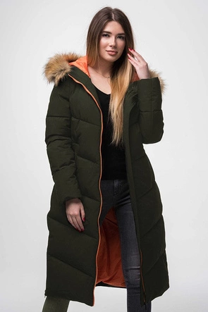 PROSTY PŁASZCZ ZIMOWY DAMSKI Z KAPTUREM KHAKI (J9-007)