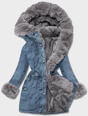 Damska kurtka jeansowa na futrzanej podszewce niebieski/szary (R8068-5009)