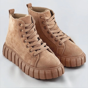 SZNUROWANE TRZEWIKI Z IMITACJI ZAMSZU CIEMNY BEŻ (XA057)