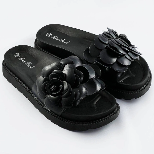 Damskie klapki z kwiatkiem czarne (cm-41)