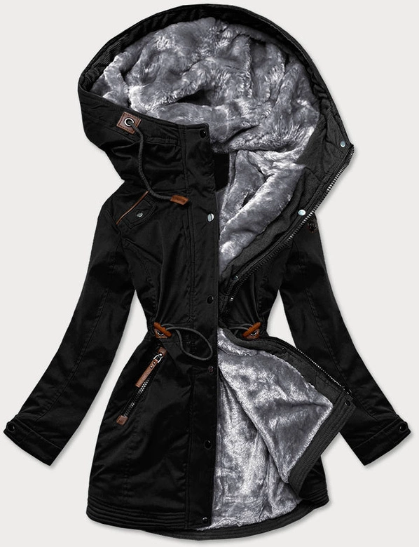 ZIMOWA PARKA DAMSKA Z WSTAWKAMI Z EKOSKÓRY CZARNA (M-21A93)