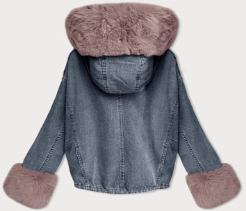 Krótka damska kurtka jeansowa na futrzanej podpince S'West niebieski/różowy (B8047-50081)