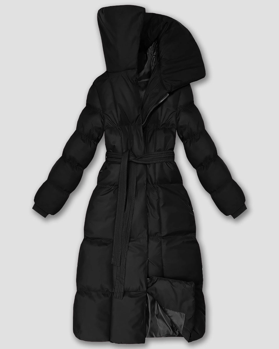 Długa zimowa kurtka damska z paskiem czarna (5M3327-392)