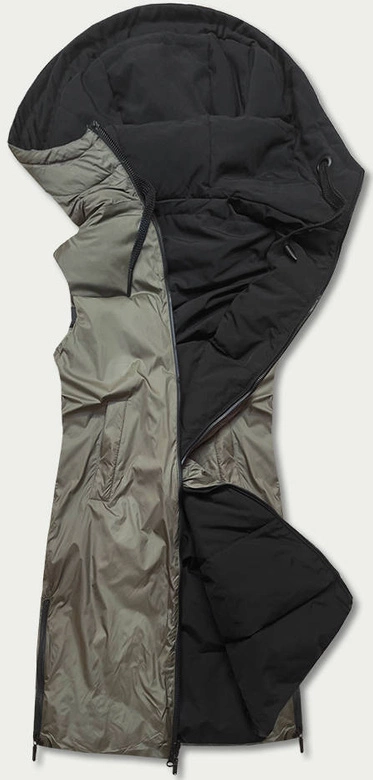 DŁUGA KAMIZELKA DAMSKA DWUSTRONNA CZARNA-KHAKI (B8022-1)