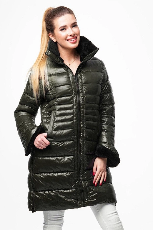 Dłuższa damska pikowana kurtka zimowa khaki (j19-017)