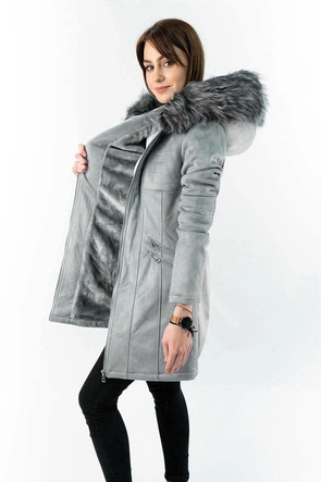 ZAMSZOWA DAMSKA KURTKA ZIMOWA Z KAPTUREM SZARA (6516)