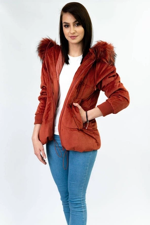 Sztruksowa damska kurtka z kapturem ruda (7696)