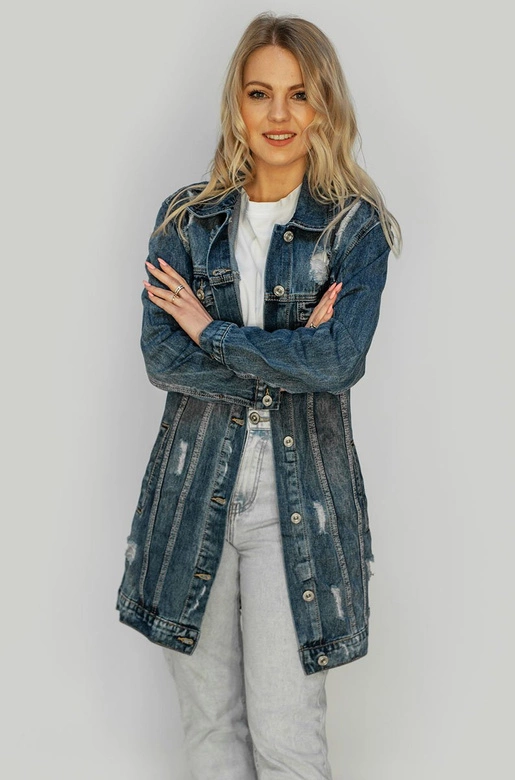 DŁUGA DAMSKA KURTKA JEANSOWA OVERSIZE NIEBIESKA (C089)