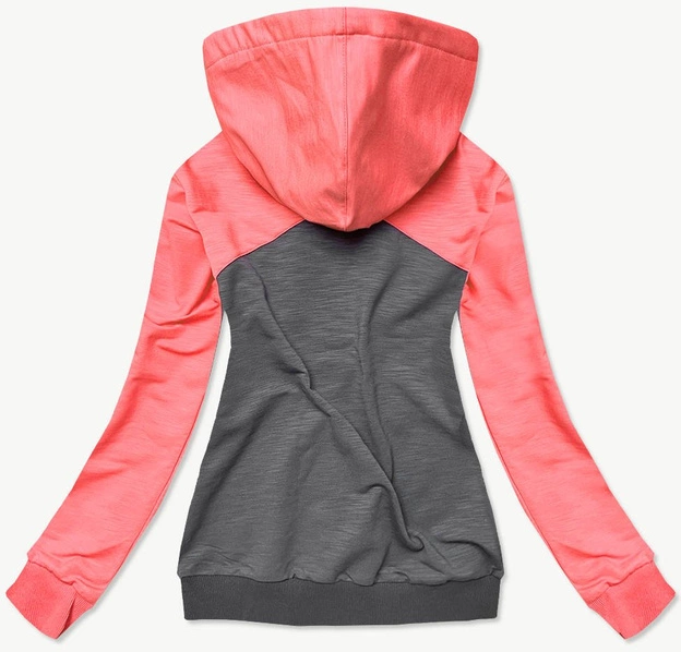 BAWEŁNIANA BLUZA DAMSKA Z KAPTUREM ŁOSOSIOWO-GRAFITOWA (57909)