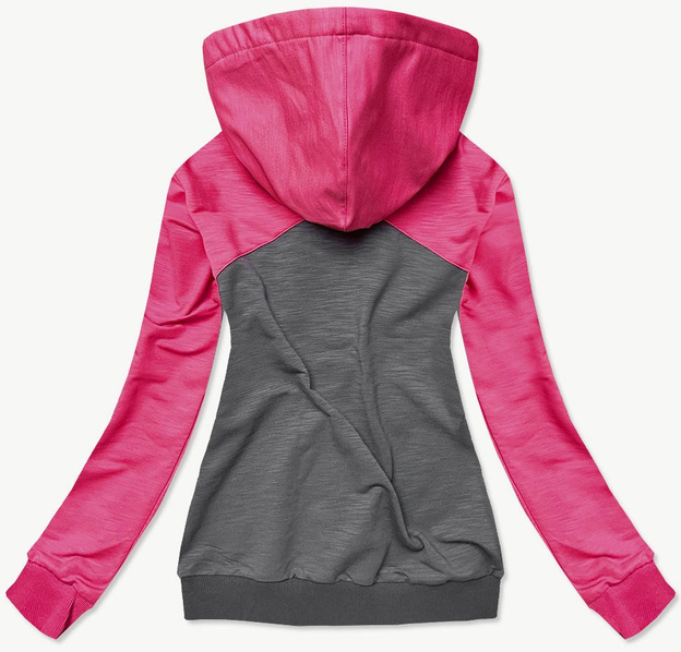 BAWEŁNIANA BLUZA DAMSKA Z KAPTUREM FUKSJA-GRAFIT (57909)