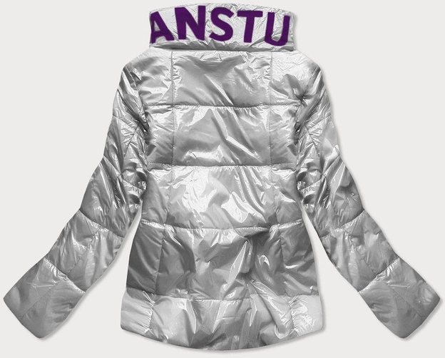 Krótka pikowana kurtka damska ze stójką srebrna (b9567)