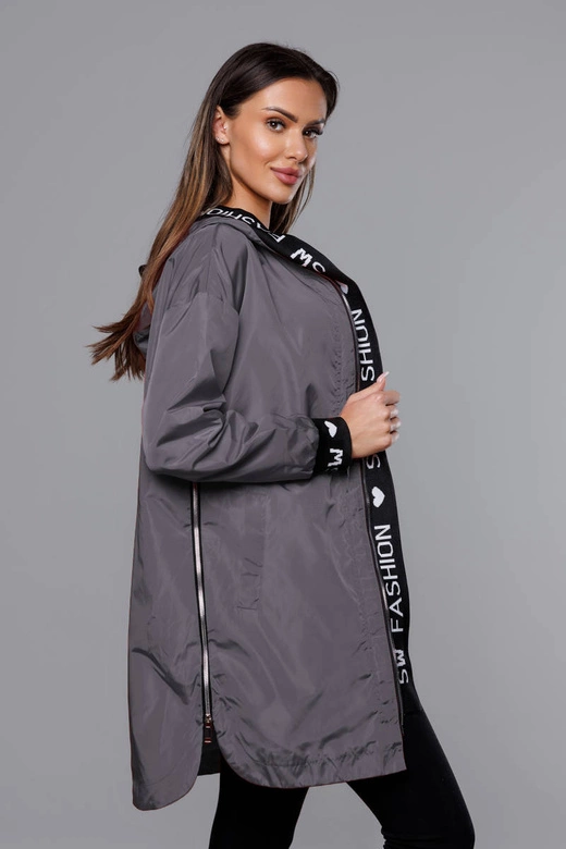 Cienka kurtka damska z ozdobną lamówką ciemny szary (B8145-9)