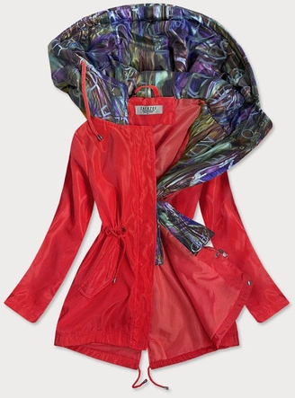 KURTKA DAMSKA Z OZDOBNYM KAPTUREM CZERWONA/MULTIKOLOR (YR2022)