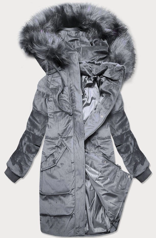 Sztruksowa zimowa kurtka damska z kapturem szara (7764)