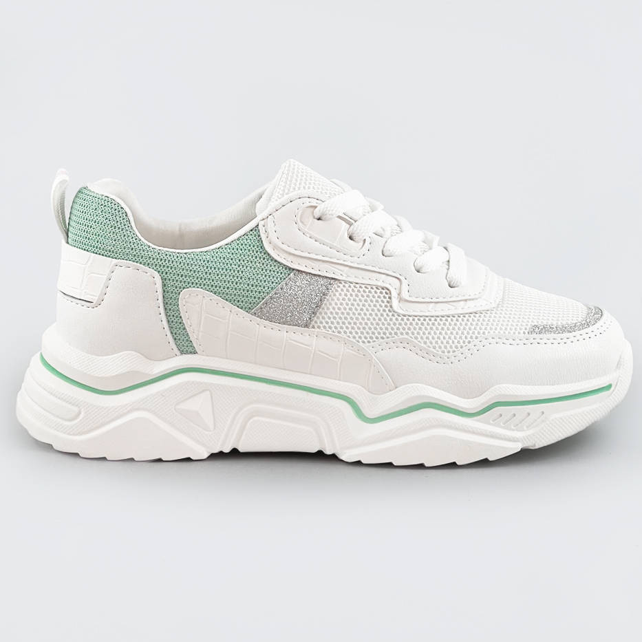 Sneakersy damskie z brokatowymi wstawkami biało-miętowe (lu-2)