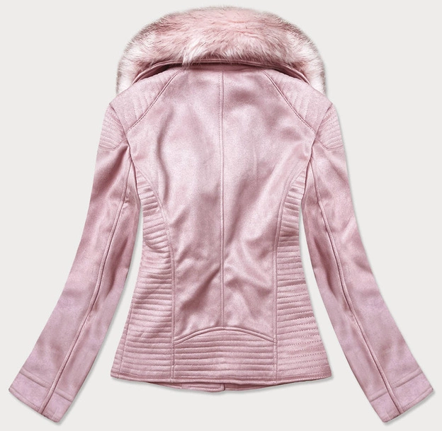 Zamszowa ramoneska damska z futerkiem pudrowy róż (6501big)