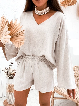 Lniany komplet bluzka oversize i szorty beżowy (752)