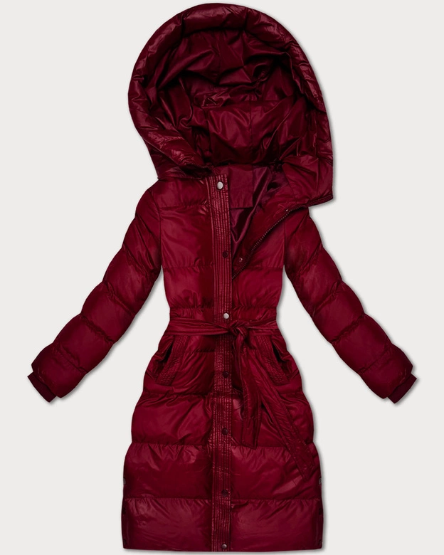 Pikowana kurtka zimowa z paskiem J Style bordowa (5M3253-1)
