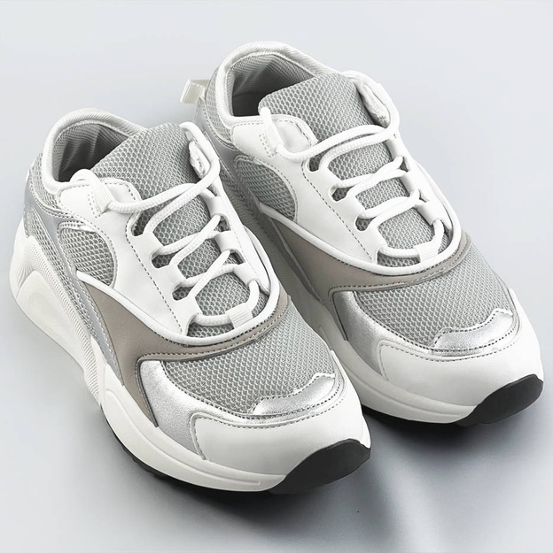 Sznurowane sneakersy z kolorowymi wstawkami biało-szare (6346)