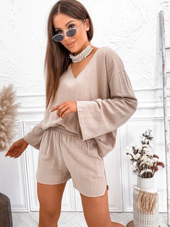 Lniany komplet bluzka oversize i szorty cappuccino (752)