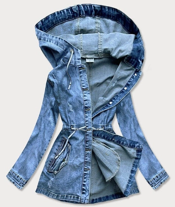 DŁUGA JEANSOWA DAMSKA KURTKA Z KAPTUREM (5806-K)