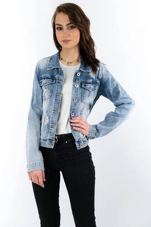 KRÓTKA DAMSKA KURTKA JEANSOWA Z CYRKONIAMI NIEBIESKA (GD6657-K)