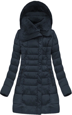 DŁUGA KURTKA DAMSKA ZIMOWA Z KAPTUREM GRANATOWA (B1068-30)