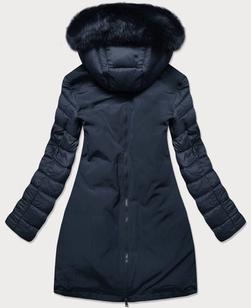 Zimowa kurtka damska z łączonych materiałów granatowa (7708)