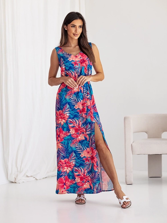 Prosta sukienka z paskiem zielono-czerwona (8294)