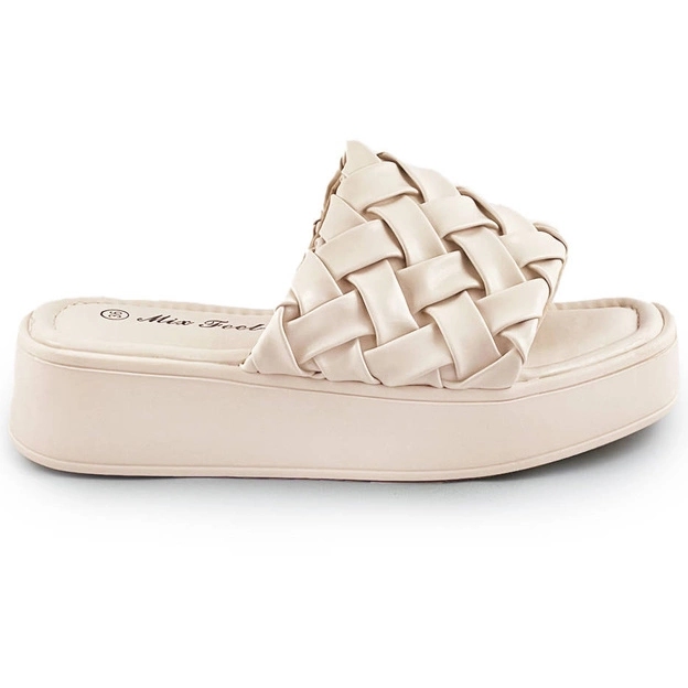 Damskie klapki na platformie beżowe (ae113)