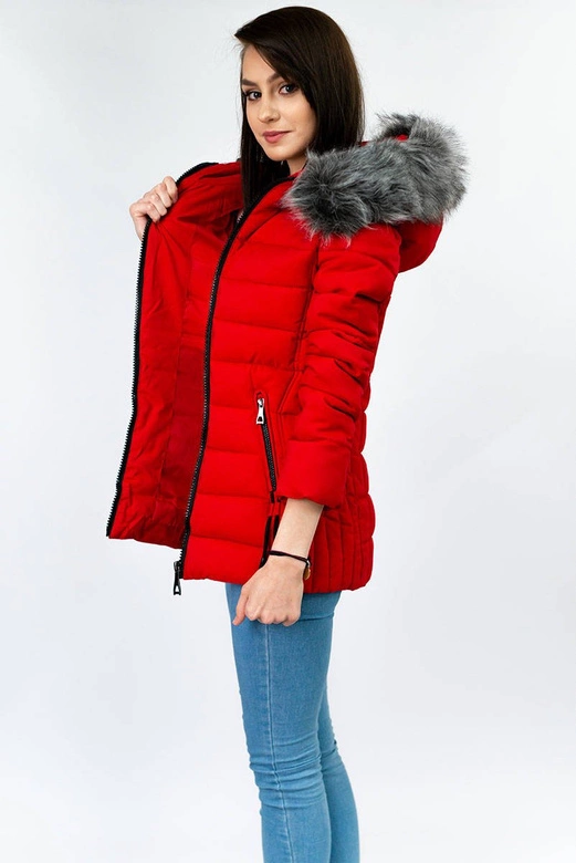 PIKOWANA DAMSKA KURTKA ZIMOWA Z KAPTUREM CZERWONA (XB9503X)