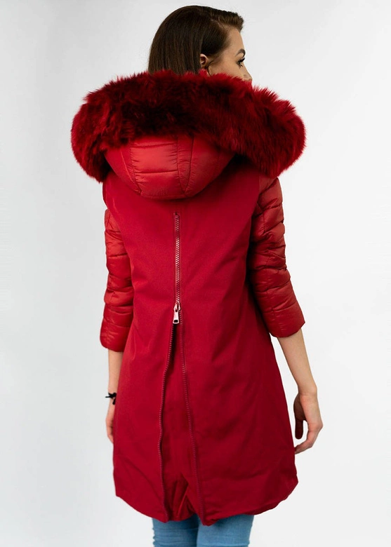 ZIMOWA KURTKA DAMSKA Z ŁĄCZONYCH MATERIAŁÓW CZERWONA (7708)