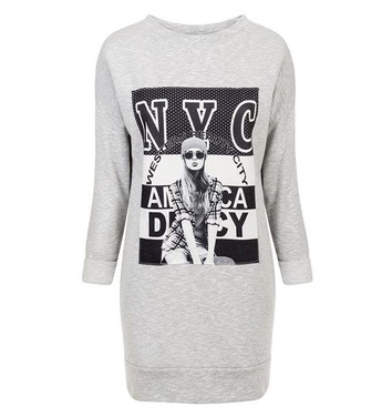 DŁUGA BLUZA Z NADRUKIEM SZARY MELANŻ (GOOD3)