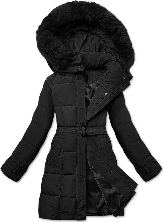 Damska kurtka zimowa z ozdobnymi paskami czarna (23MY-208)