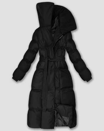 Długa zimowa kurtka damska z paskiem czarna (5M3327-392)