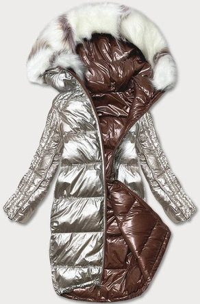 Dwustronna metaliczna kurtka zimowa brązowo-beżowa (p21-7901-296+62)