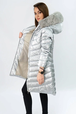 ASYMETRYCZNA DAMSKA KURTKA ZIMOWA SREBRNA (F7052)