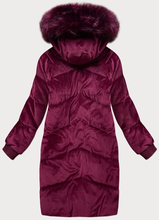 Sztruksowa zimowa kurtka damska z kapturem bordowa (7764)
