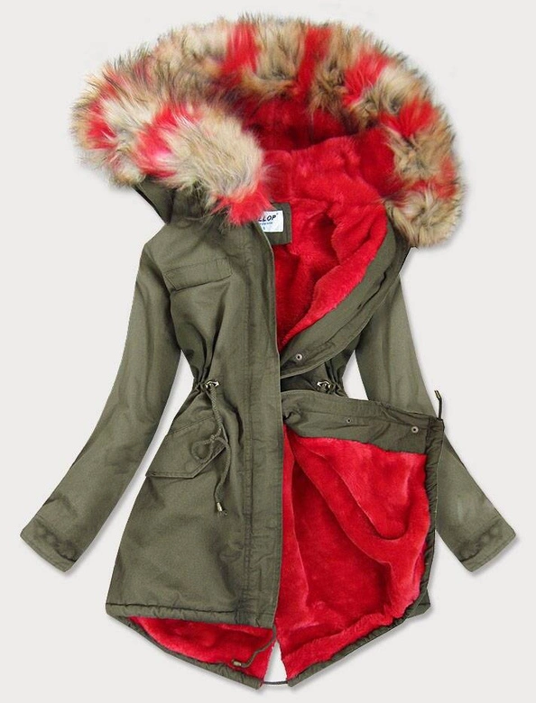 Kurtka parka damska zimowa khaki-czerwona (x619x)