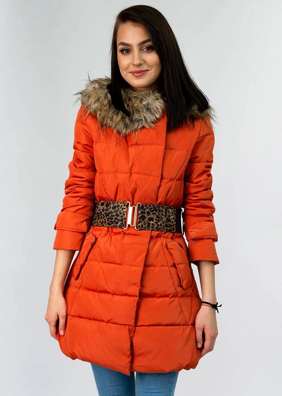 ZIMOWA KURTKA DAMSKA Z KAPTUREM PASKIEM CEGLANA (1976)